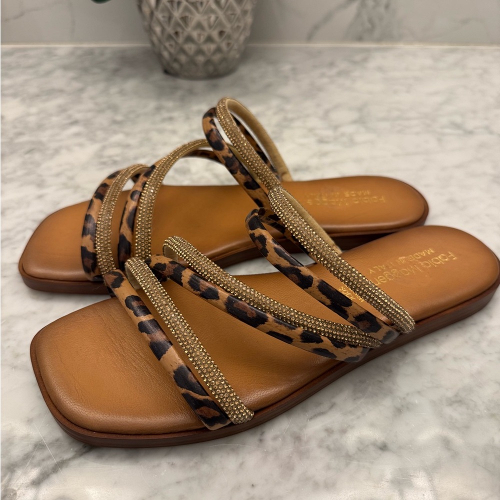 Fabio Maggenti Made in Italy Leopard Print Rhinestone Strappy Flat Sandals